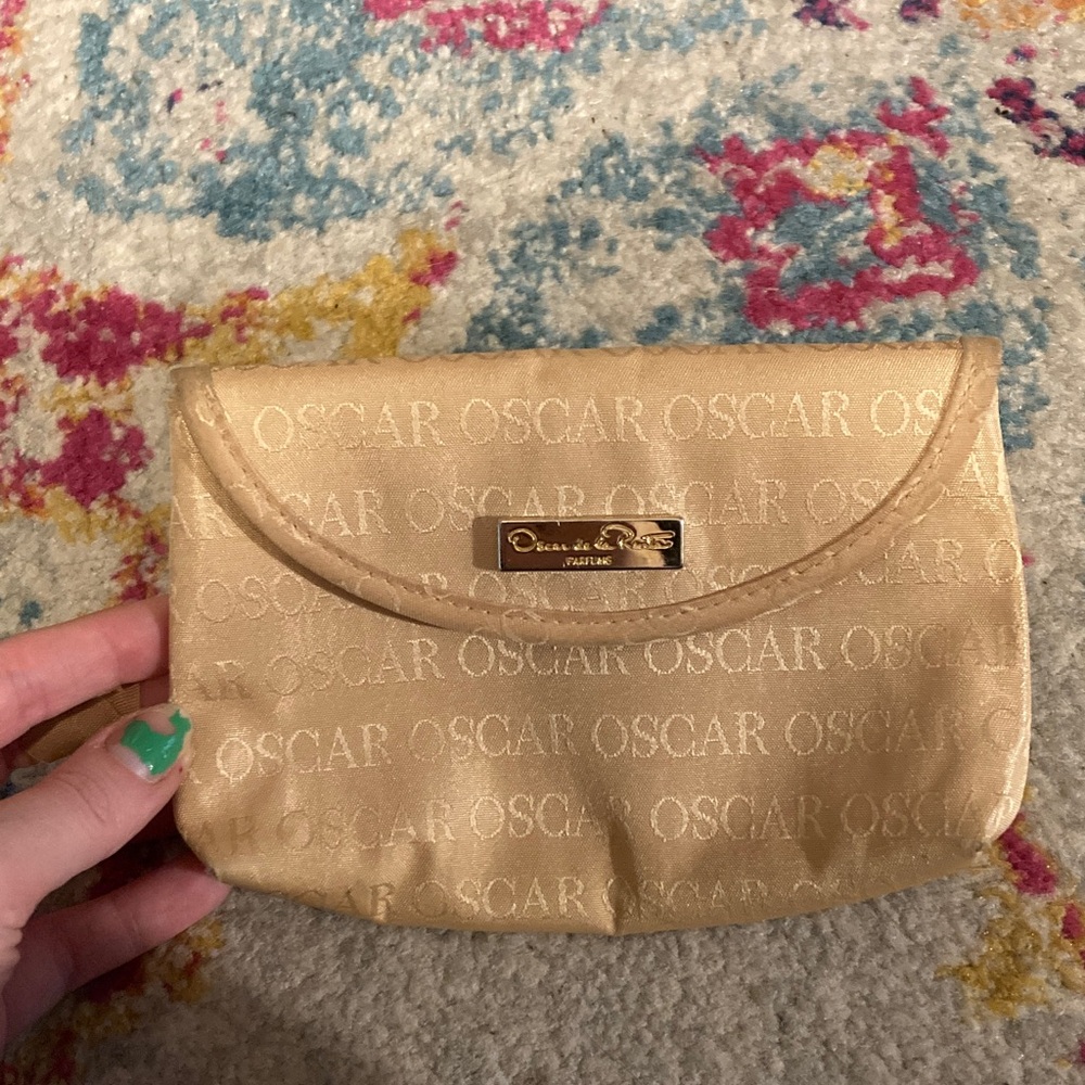 Oscar de la Renta Gold Satin Logo Cosmetic Pouch